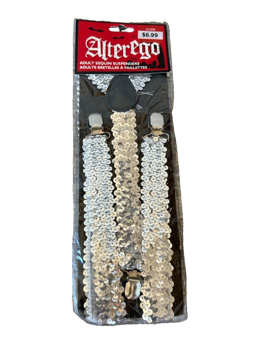 Alter Ego Silver Sequin Suspenders Adult Disco Glam Costume NEW Sealed